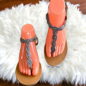 Womens Thong Sandals Silver Braided Strap Ankle Buckle‎ Comfort Casual